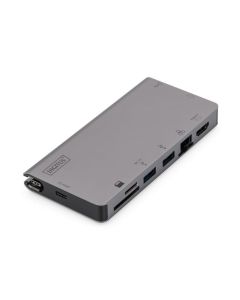 Digitus USB-C Multiport Travel Dock, 8 Port, gray 2x video, 2x USB-C, 2x USB3.0, RJ45,2x card reader
