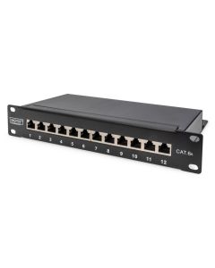 Digitus CAT 6A Patch Panel, shielded,12-Port label field, 1U, 10" rack mount, black RAL 9005