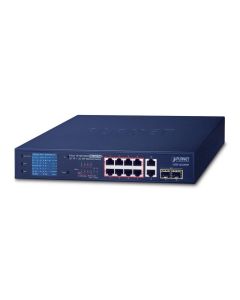 Planet 8x 10/100/1000T 802.3at PoE, 2x 10/100/1000T, 24 Gbps, 18 Mpps, LCD Monitor, VLAN, 1.8 kg