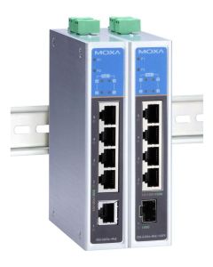 Moxa 5-port full Gigabit unmanaged switch with 4 IEEE 802.3af/at PoE+ ports, up to 36 W per port, redundant 12/24/48 VDC, -40 to 75°C