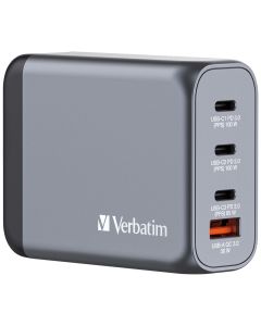 Verbatim 100 W GaN-wandoplader met vier poorten 2 x USB-C PD 100 W / 1 x USB-C PD 65 W / 1 x USB-A QC 3.0 (EU/VK/VS)